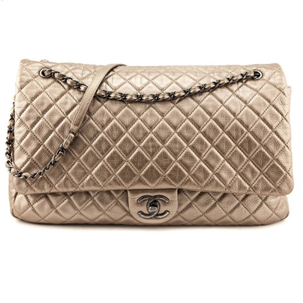 Chanel XXL Airplane Travel Flap Bag Metallic Gold Ruthenium Hardware Excellent